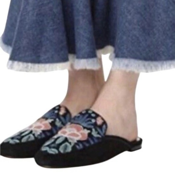 Rebecca Minkoff Raylee Black Embroidered Floral Loafer Flats Mules shoes 7.5 - Picture 2 of 12